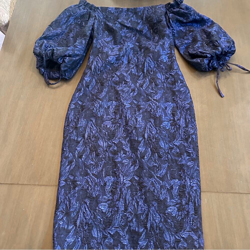 THEIA Metallic Puff Sleeve Cocktail Dress